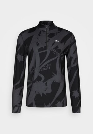 Schwarzer Pullover mit langen Ärmeln und einem Viertel-Reißverschluss, aus glattem Material und mit abstrakten grauen Mustern, darunter Wellen und Sterne.