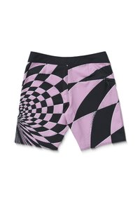 Costumi da bagno in rosa e nero con motivi a spirale e geometrici, vita piatta e una piccola tasca laterale.