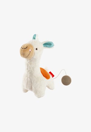 Plush llama toy in white with blue ears and orange patch. Features a smiling face, soft texture, and a pull string with a round tag.