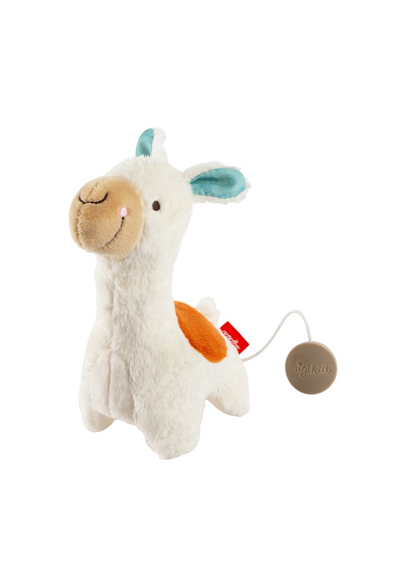 Plush llama toy in white with blue ears and orange patch. Features a smiling face, soft texture, and a pull string with a round tag.