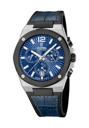 Blaue Zifferblatt-Chronographenuhr mit Edelstahlgehäuse, Gummiarmband, Saphirglas und strukturiertem Muster. Verfügt über silberne Stundenmarkierungen und Datumsanzeige.