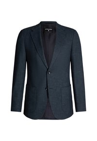Blazer blu scuro con tessuto texturizzato, due tasche frontali e due bottoni. L'interno è foderato in un colore scuro uniforme.