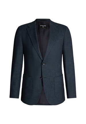 Blazer bleu foncé avec un tissu texturé, deux poches avant et deux boutons. L'intérieur est doublé d'une couleur sombre unie.