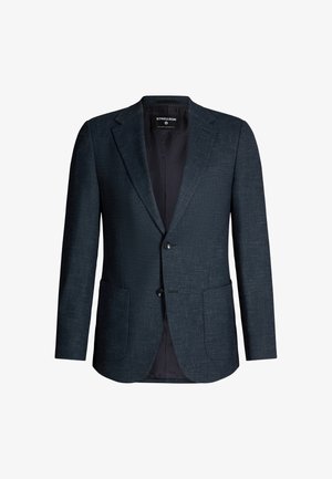 Blazer blu scuro con tessuto texturizzato, due tasche frontali e due bottoni. L'interno è foderato in un colore scuro uniforme.