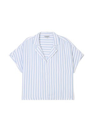 Korte mouwen overhemd met knopen in lichtblauw en witte strepen. Gemaakt van een zachte stof met een ontspannen pasvorm en een grote kraag.