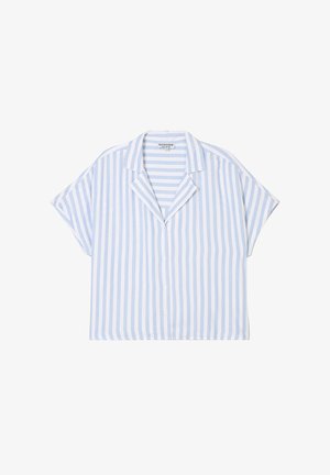 Korte mouwen overhemd met knopen in lichtblauw en witte strepen. Gemaakt van een zachte stof met een ontspannen pasvorm en een grote kraag.