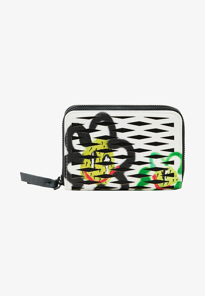 Zwart-witte ritsportemonnee met een graffiti-achtige ontwerp, voorzien van een zwarte omtrek, groene en gele accenten en een gestructureerde afwerking.