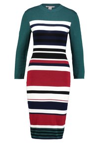 Stickad klänning med långa ärmar, i en teal-färgad övre del och flerfärgade horisontella ränder i röd, vit, marinbl å och svart. Tätt sittande passform.