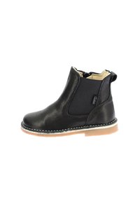 Stivaletto nero in pelle con pannelli elasticizzati ai lati, punta rotonda, dettagli cuciti e suola in gomma marrone chiaro.