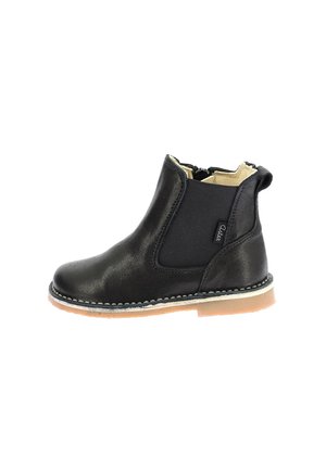 Botte de cheville en cuir noir avec des panneaux latéraux élastiques, bout rond, accents cousus et semelle en caoutchouc brun clair.