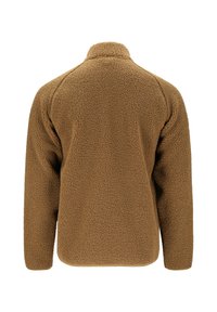 Brun, langærmet, tekstureret fleecejakke vist bagfra med høj krave og raglanærmer.
