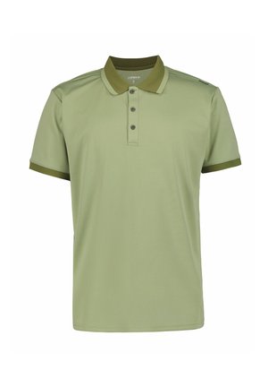 Lichtgroen poloshirt met korte mouwen, drieknopensluiting en donkergroene accenten op de kraag en mouwen. Gladde textuur.