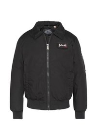 Sort bomberjakke med lynlås foran, ribstrikkede manchetter og krave. Indeholder Schott-logoet som patch på venstre bryst og lynlås-lomme på ærmet.