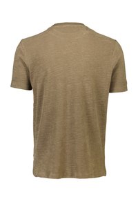 T-shirt a maniche corte in tessuto marrone chiaro, caratterizzato da una superficie liscia e un classico collo rotondo. La vista posteriore mostra un design minimalista.