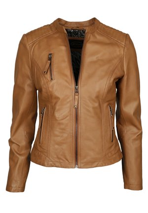 Braune Lederjacke mit strukturiertem Finish, ausgestattet mit einem Stehkragen, mehreren Reißverschlusstaschen und dezenten Schultersteppnähten.