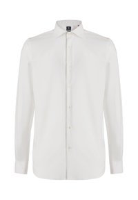 Weißes Langarm-Hemd mit Knöpfen aus glattem Stoff, mit einem spitzen Kragen und sechs Knopfverschlüssen an der Vorderseite.