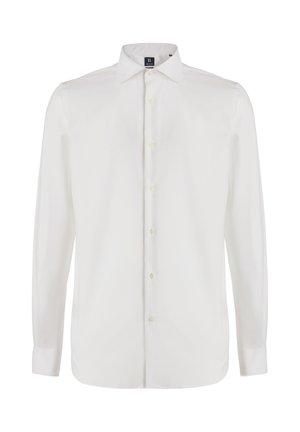 Bílé košile s dlouhým rukávem a knoflíkovým zapínáním vyrobené z hladké tkaniny, s špičatým límcem a šesti knoflíky na přední straně.