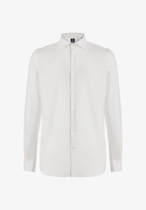 Bílé košile s dlouhým rukávem a knoflíkovým zapínáním vyrobené z hladké tkaniny, s špičatým límcem a šesti knoflíky na přední straně.