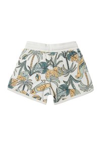 Shorts aus weichem Stoff mit einem tropischen Druck von Palmenblättern und Vögeln in Grün und Gelb auf einem weißen Hintergrund. Elastischer Bund.