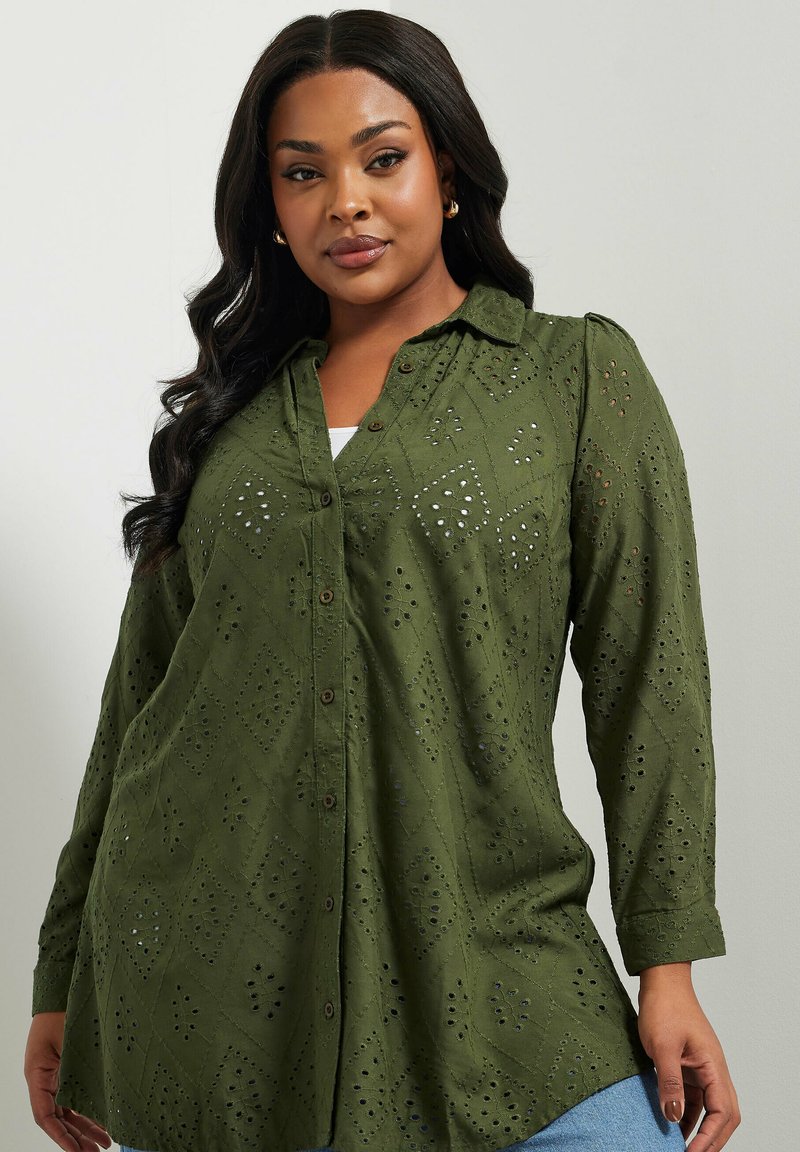 Yours Clothing - BRODERIE ANGLAISE  - Button-down blouse - khaki, Enlarge