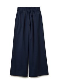 Pantalons larges bleu marine avec une taille élastique, en tissu doux en mélange de coton, avec une coupe ample et fluide pour le confort.