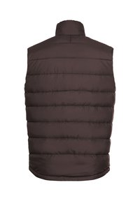 Bruine puffer vest met een hoge kraag, gestikt ontwerp en een zachte textuur. Geen zichtbare hardware of zakken.