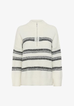 Maglione bianco lavorato a maglia con strisce orizzontali nere e una cerniera corta sul colletto alto.