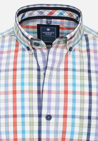 Kariertes Hemd in vielen Farben mit blauen Knöpfen, strukturiertem Kragen und subtiler Textur aus Bio-Baumwollstoff. Größe M.