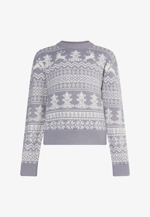 Szary sweter w wzory, z białymi reniferami i płatkami śniegu, okrągłym dekoltem oraz ściągaczami na rękawach i u dołu. Przyjemny, ciepły splot.