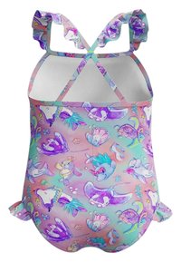 Costume da bagno con motivi colorati a tema sottomarino che raffigurano animali marini. Realizzato in tessuto morbido, con spalline arricciate e dettagli laterali.