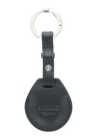 Black leather keychain with a round metal ring, featuring a smooth, rounded shape and a silver-tone snap accent. Embossed logo detail.