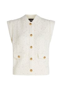 Balts adīts veste ar teksturētu virsmu, ar zeltītām pogām un divām priekšējām kabatām. Bezsniega dizains ar ribinātu maliņu un apkakli.