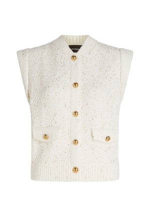 Balts adīts veste ar teksturētu virsmu, ar zeltītām pogām un divām priekšējām kabatām. Bezsniega dizains ar ribinātu maliņu un apkakli.