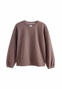 Brauner Rippstrickpullover mit langen Ärmeln und rundem Ausschnitt. Verfügt über elastische Bündchen und ein kleines Logo-Label am unteren Saum.
