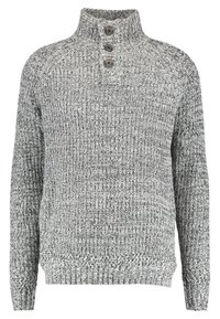 Pull gris en tricot avec un col montant, une patte de boutonnage à trois boutons, et des poignets et ourlet côtelés. Tissu texturé avec un motif chiné.