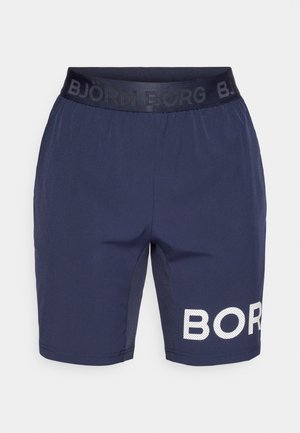 Navy shorts with a black elastic waistband featuring embossed "BJÖRN BORG" text. Right leg displays a large white dotted "BOR" logo.
