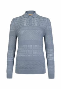 Ljusblå stickad polo med långa ärmar, som har flera texturerade mönster, knäppning med tre knappar samt ribbade ärmslut och nederkant.