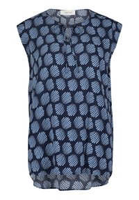 Tmavě modrý bezrukávový top s kulatým výstřihem, zdobený bílým pruhovaným potiskem lístků. Lehká, měkká tkanina; volný střih.