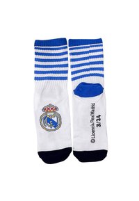 Calzini bianchi con bande blu e bianche sulla parte superiore, con il logo del Real Madrid a colori. Accenti blu navy sulle punte.