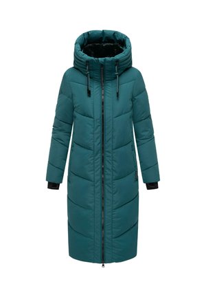 Manteau d'hiver long matelassé couleur sarcelle, avec capuche, fermeture éclair frontale, cordons ajustables et surpiqûres matelassées aux manches et au corps.