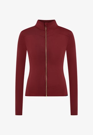 Chaqueta burdeos con cremallera y cuello alto, confeccionada en tela lisa. Presenta mangas largas y una cremallera frontal con tirador en tono dorado.