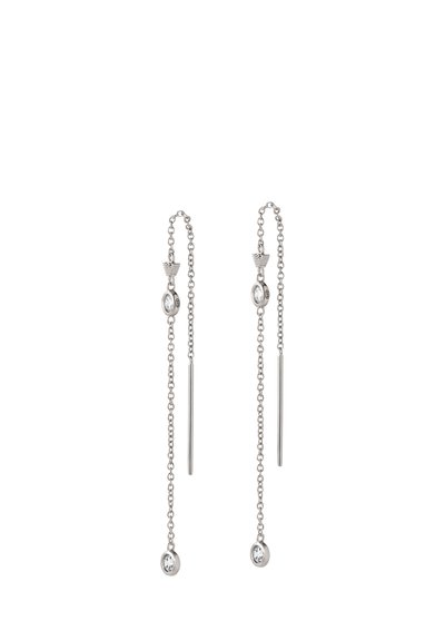 Pendientes de plata con un diseño de cadena colgante, con componentes circulares y acentos rectos y delgados. Cristales transparentes añaden detalle al diseño.