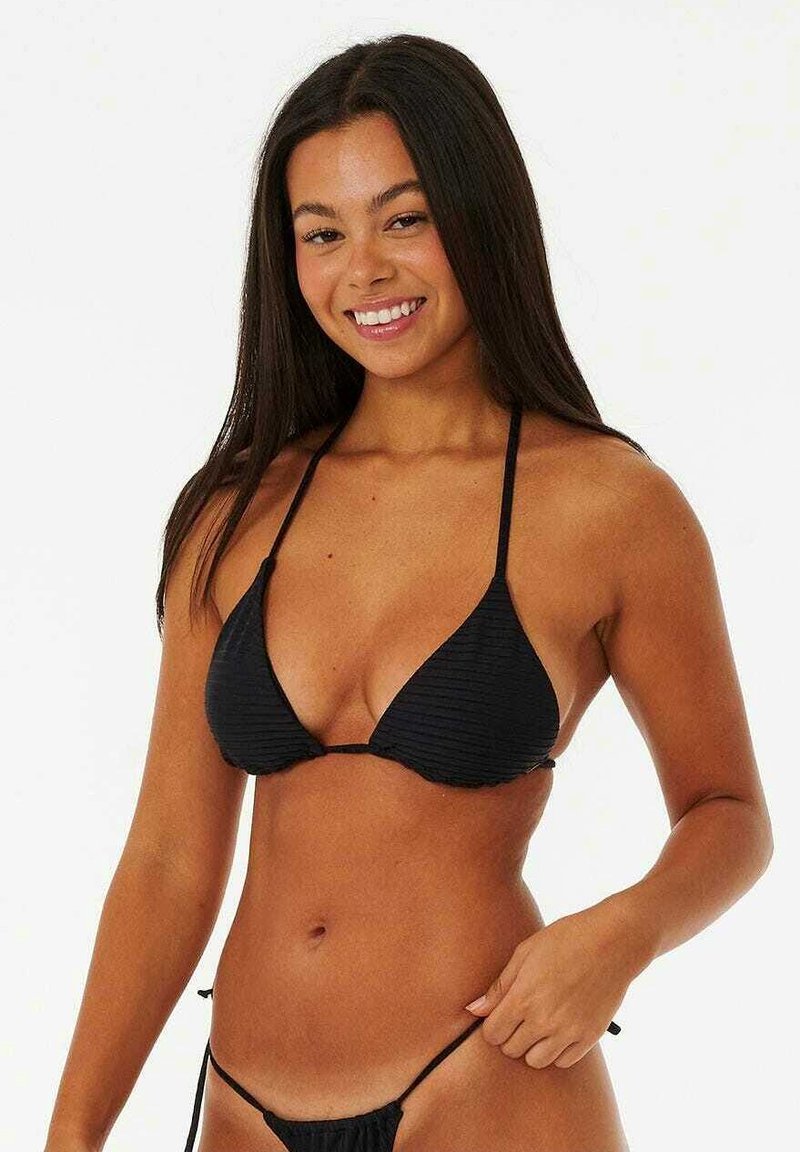Black bikini featuring a triangular bralette with ribbed texture and thin straps, paired with a matching low-rise bottom.