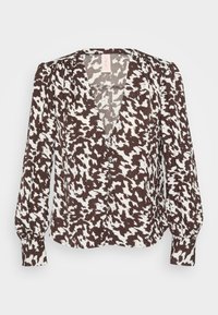 Brun og hvit mønstret bluse med V-hals, knapper foran og lange, lett puffede ermer. Mykt stoff med en glatt tekstur.