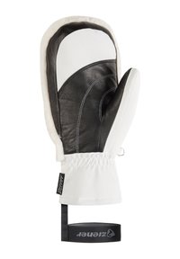 Guanti con palmo in pelle nera e retro in tessuto bianco, dotati di un morbido rivestimento interno, polsino elastico e cinturino regolabile.