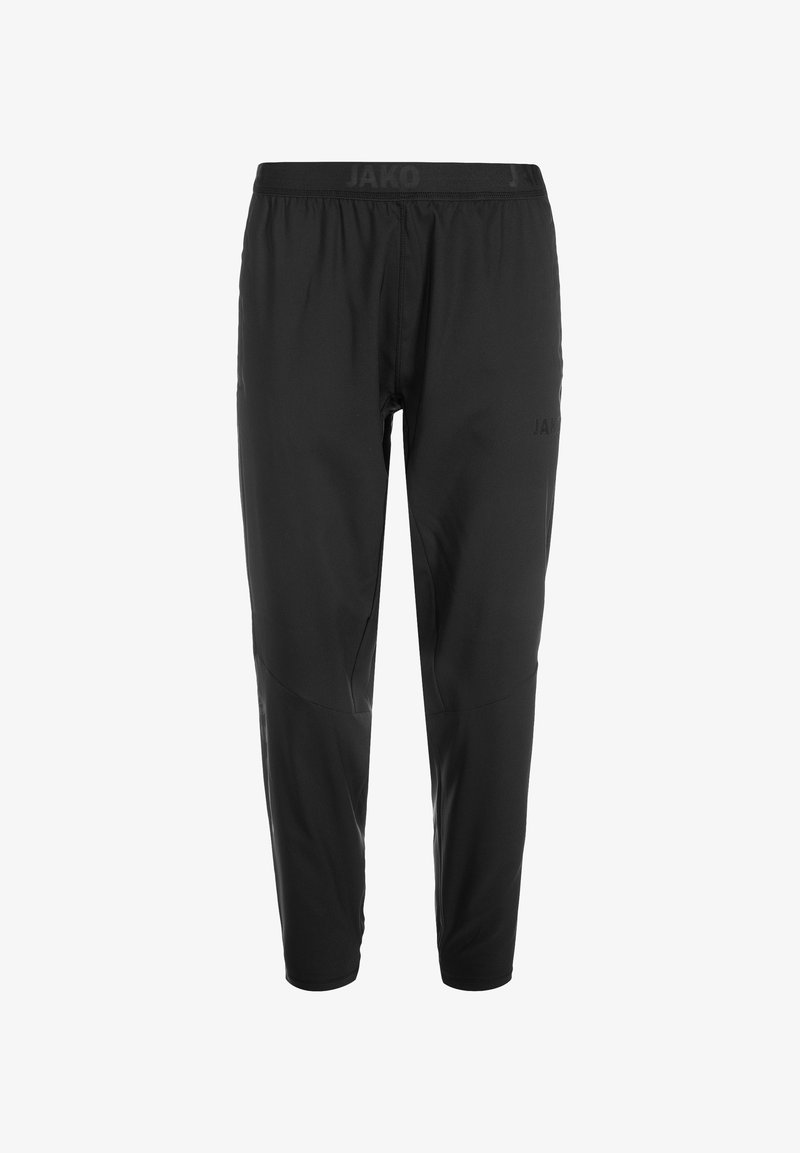 Schwarze Sporthose mit elastischem Bund, die eine glatte Textur, ein tailliertes Design und dezente Markeninschriften im Stoff aufweist.