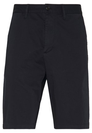 Sorte knælange shorts med bæltestropper, knaplukning og lynlås, lavet af et glat stof.