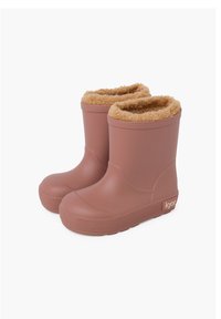 Roze rubberen regenlaarzen met een faux fur voering, ronde neus, gestructureerde zool en subtiel merkembleem aan de zijkant.