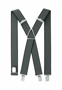 Black elastic suspenders with silver clips, featuring a textured surface and an X-shape design, secured with a triangular metal adjuster.