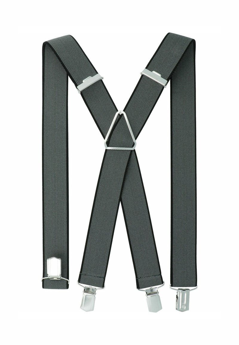 Black elastic suspenders with silver clips, featuring a textured surface and an X-shape design, secured with a triangular metal adjuster.